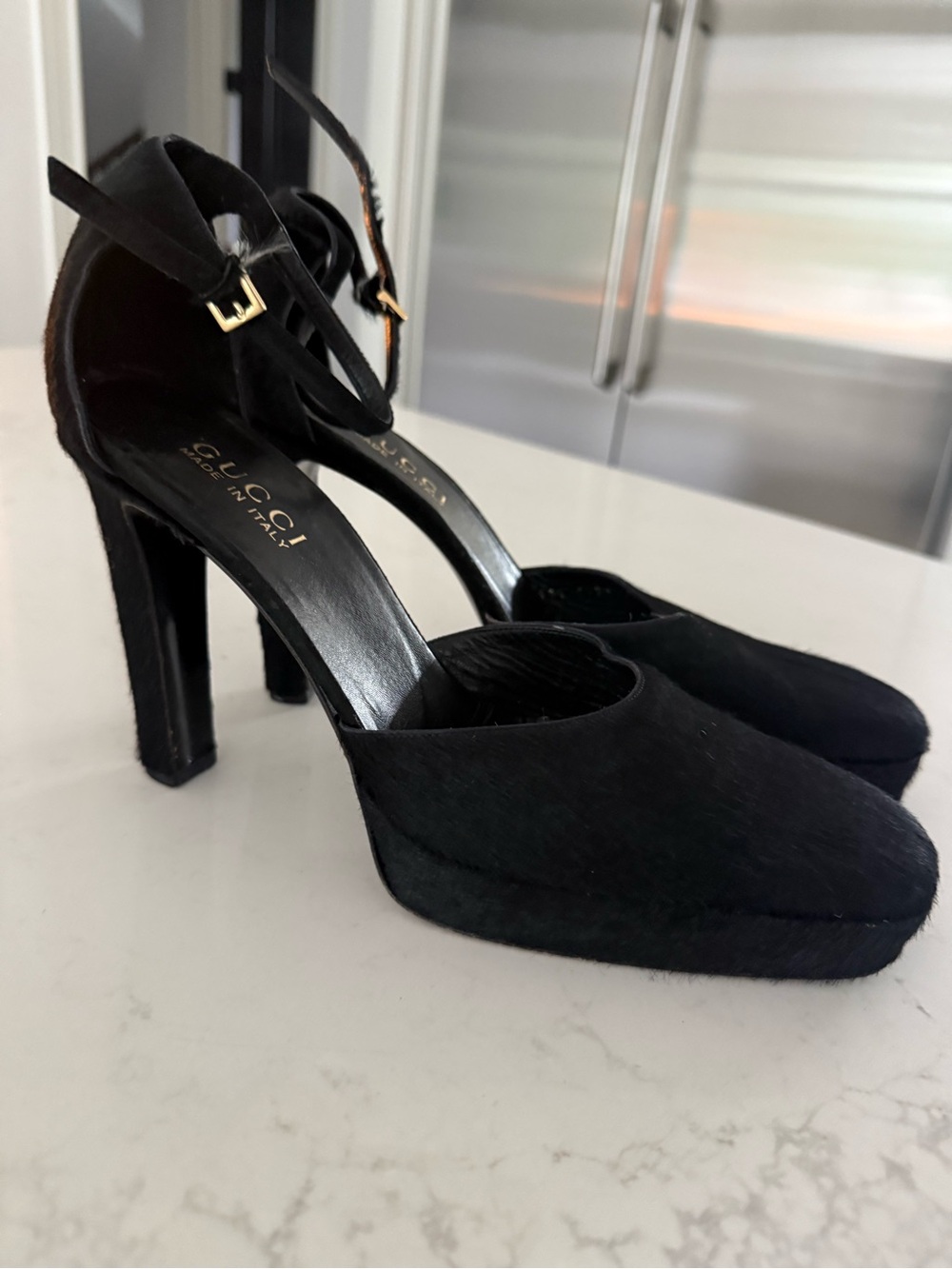 Gucci Black Ponyhair Ankle-Strap Platform Heels